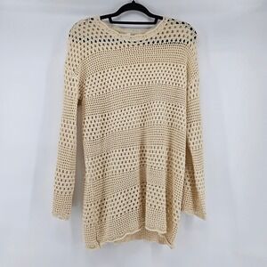 Boho Beige Crochet Open Weave Mesh Sm Top Hippie Festival Layering Earthy Fairy